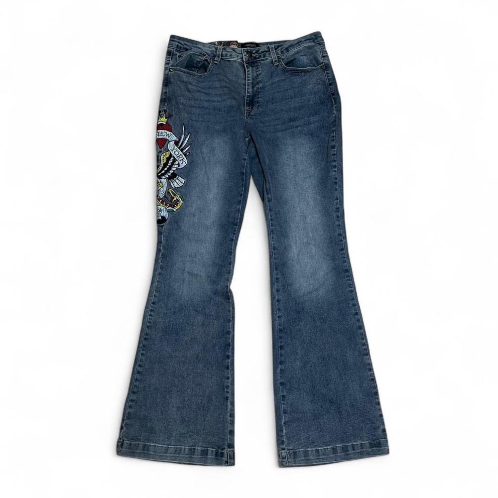Ed Hardy Denim Jeans Size 32 Slim Flare Embroidered Tattoo Design